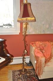 Great vintage gold toned "Bird Floor Lamp" with fabric fringed shade