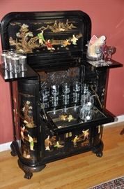 Spectacular hand painted Asian Bar with mirrored drop down shelf and flip top and sides (closed: 30"w x 36.5"h x 15"d)
