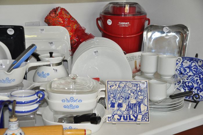 Vintage Corning blue cornflower, white porcelain tea & toast sets, Crate and Barrel serving pieces and a new Cuisinart ice cream maker!