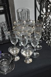 Detail of the etched Bohemian water goblets with gold trim (also shown with vintage sterling silver and crystal desert bowls)