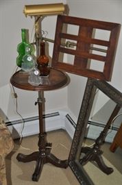 Antique iron base music table with attached brass lamp