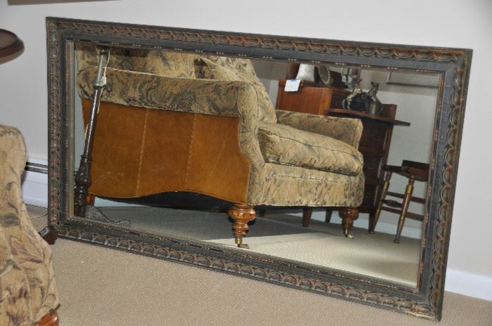 Great vintage wooden scrolled detail mirror (shows side view of this fabulous loveseat!)