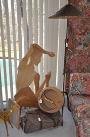 Great baskets, bags and funky "cut out" wooden sculpture