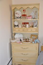 One of the two vintage French painted American of Martinsville 3 drawer chests with hutches