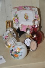Vintage perfume bottles and pretty porcelain trinket dish