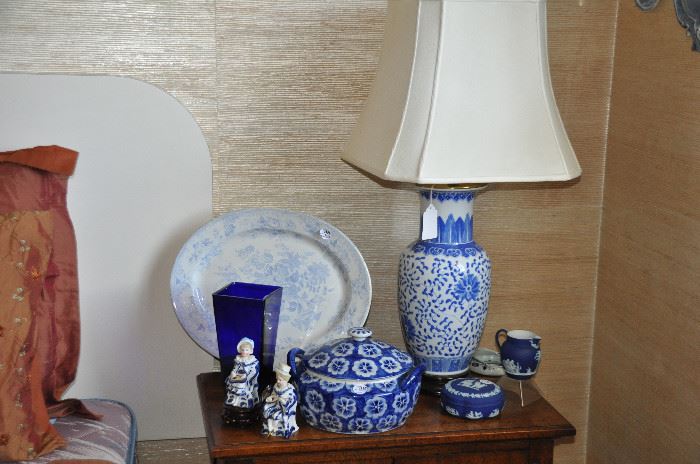 Lovely vintage blue and white porcelain lamp, ironstone platter covered casserole dish, figurines and cobalt Wedgwood pieces