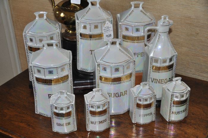 Wonderful 10 piece set of vintage German iridescent porcelain canisters