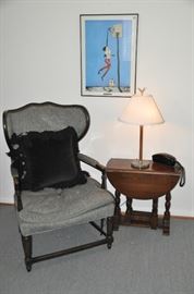 Vintage black and white checked Reading Chair and vintage petite gate leg drop leaf side table, Shown with a mid century Marty Starr picture