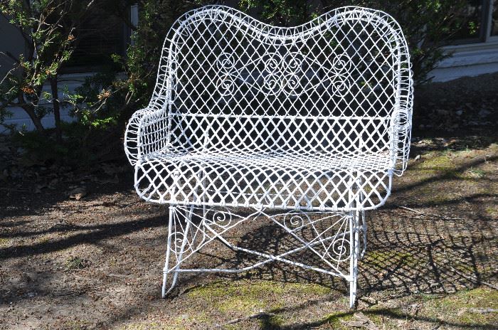Antique white scrolled iron bench! 
