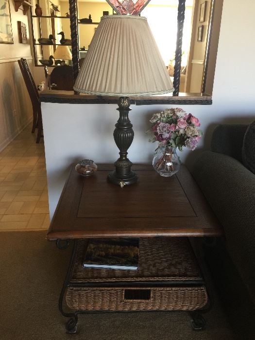 End table, lamp and decor