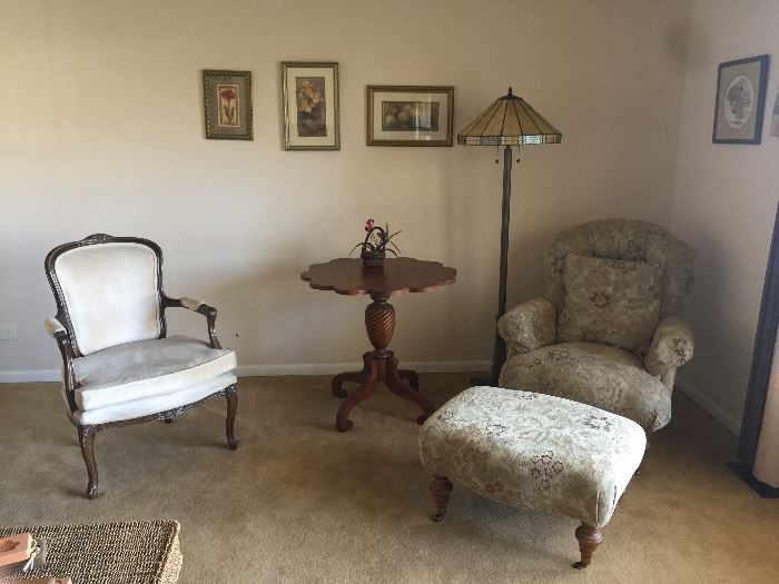 Chairs, occasional table and floor lamp