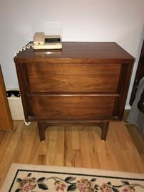 MID-CENTURY MODERN TEAK BEDLAND INC. BEDROOM SET- TALL CHEST OF DRAWERS, LONG DRESSER WITH MIRROR, QUEEN SIZE BED-FRAME WITH MATTRESS AND ONE NIGHSTAND