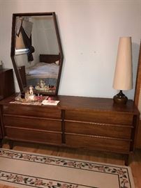MID-CENTURY MODERN TEAK BEDLAND INC. BEDROOM SET- TALL CHEST OF DRAWERS, LONG DRESSER WITH MIRROR, QUEEN SIZE BED-FRAME WITH MATTRESS AND ONE NIGHTSTAND