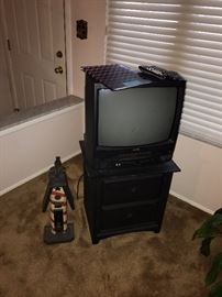 SMALL BLACK STAND WITH DRAWERS AND VINTAGE TV