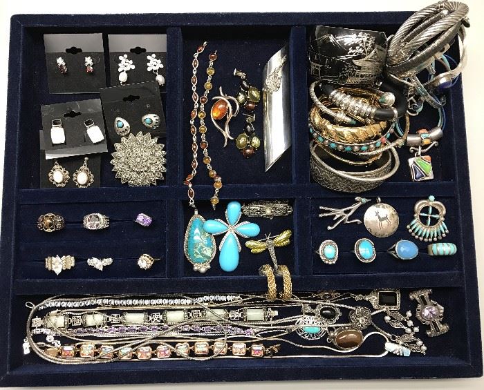 LARGE SELECTION OF STERLING SILVER JEWELRY, NAVAJO AND ZUNI NATIVE AMERICAN JEWELRY, AMBER JEWELRY, PRECIOUS AND SEMI-PRECIOUS NATURAL STONES. 