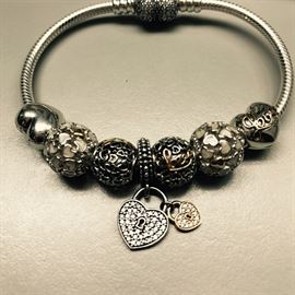 AUTHENTIC PANDORA PAVE' HEART BRACELET WITH 14K AND STERLING SILVER CHARMS AND CLIPS