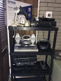 VINTAGE AND NEW ELECTRONICS-- BRAND NEW EPSON PHOTO SCANNER, BOOMBOX, DVD PLAYER, VHS PLAYERS, TECHNICS RECORD PLAYER, LANDLINE TELEPHONE, SPEAKERS, VHS TAPE REWINDER AND MORE