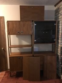 Mid Century Modern Three Section Bookshelf.  Desk Section is on Top of the two other sections with additional shelves Pictured.