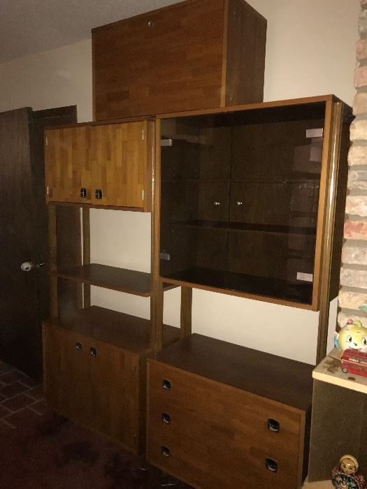 Mid Century Modern Three Section Bookshelf.  Desk Section is on Top of the two other sections 