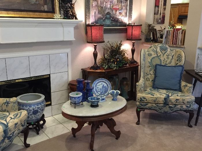 Woodmark Originals Pair Queen Anne Crewel Work Upholstered Wing Chairs | by: Mary Webb Wood.