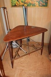 Vintage mid century corner table w/ unknown functionality, sliding metal cover conceals hole for tickets/cash/ash ???