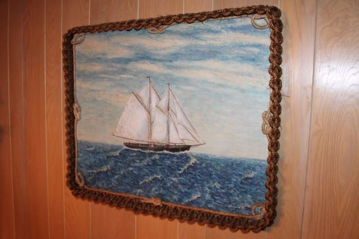 Vintage painted sailing ship relief w/ twisted rope frame