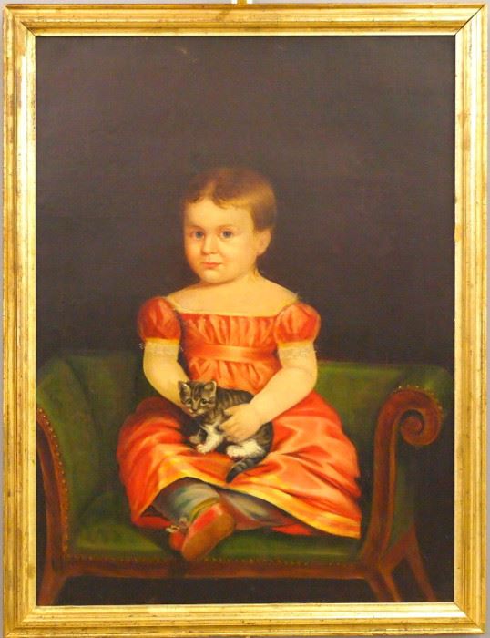An early 19th century American Primitive oil on canvas portrait of a young girl.  Depicted seated on a Classical Period bench in a Pink dress with a kitten in her lap.  Some light craquelure, lined, blacklights clean.  Image 25 3/4 x 35", in an older gilded frame, 29 3/4 x 39" high overall.  ESTIMATE $2,000-3,000
