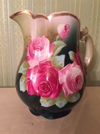 Gorgeous antique Viennese Roses pitcher.  Probably Erdmann Schlegelmilch, Suhl, Germany, 1902 to 1938