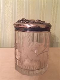 Antique etched glass dressing table jar #1: 5"h x 4 1/2"w