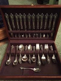 Lunt "Eloquence" sterling flatware service for 12 (knife, dinner fork, salad fork, spoon, cream soup spoon, iced tea spoon, sugar shell)
