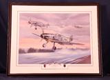 " The Knight at Dawn" is an incredible depiction of Erich Hartmann the top scoring ace in history with 352 victories. This print was made and signed by Jerry Crandall, it is also signed by Erich Hartmann himself who is now deceased.