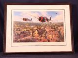 "Advance Into Europe" depicts U.S. P-47's during a D- Day raid over a villiage in France. This Thunderbolts were led by Hub Zemke. This print is signed by the artist Nicolas Trudgian, Hub Zemke, Donald Straight, Paul Conger, and Francis Gabreski.