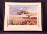 "In Defense of the Reich" by Nicholas Trudgian. This print depicts four ME262's flying off an airfield in Bavaria. The formation was led by Gen. Adolf Galland. This Print is signed by the Artist himself along with Gen. Adolf Galland, Gen. Walter Krupinski, and Oberst Hermann Buchner.