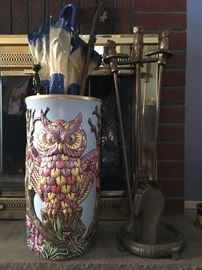 Fire Place Tools with Owl Handle, Hand Painted and Embellished Umbrella Stand  