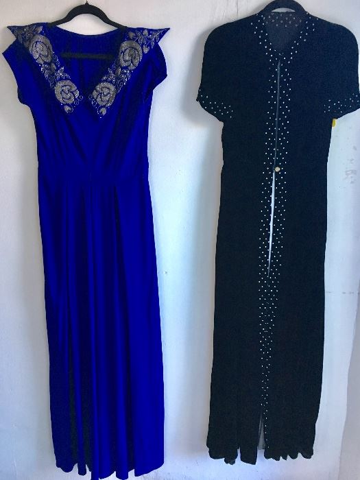 1940s Rayon Gown with beaded collar in excellent Cond and 1940s silk velvet dressing robe with blue studs 