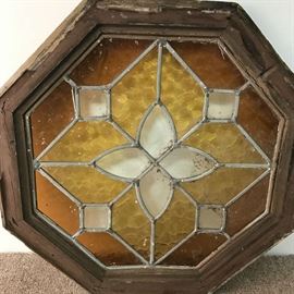 Octagon shaped Stained Glass- Window sized- see pictures for frame- old piece! Matches lots 14, 15.