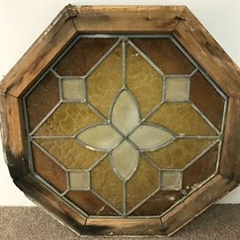 Octagon shaped Stained Glass- Window sized- see pictures for frame- old piece! Matches lots 13, 15.