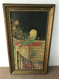 Vintage hand painted parrot. Unmarked. Frame measures 18" x 30"