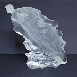 Signed Frederick Hart Sculpture Titled "Passages": This is a clear acrylic resin sculpture by noted American artist Frederick Hart. The piece is titled “Passages” and is from Age of Light series, which was commissioned in 1984 and consisted of twelve works done in clear acrylic resin. The piece is hand etched with the artist’s last name on the lower right front. The edition number and date of casting are etched on the back: 124/350 1986 F.H. FAA.