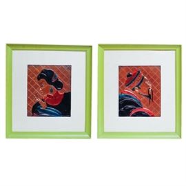 Vintage Coppercraft of Hollywood Portraits: A pair of vintage Coppercraft of Hollywood portraits in relief. The female and male characters are in traditional Chinese dress and hairstyle. The images are housed in lime green wood frames and matted in white. Each work is marked to the backing “Hand Processed” – Hand Painted – An Original Creation By Coppercraft of Hollywood" and numbered 504 and 505 respectively.