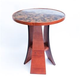 Vintage Mid-Century Danish Modern Round Side Table: This is a vintage mid-century Danish modern bentwood side table. This table features a round faux black and gold marble top. It is made of teak and has a dark walnut finish. This table was crafted between the 1960s and 1970s.