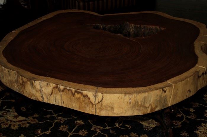 Gorgeous! South American Log Section Coffee Table with Custom Metal Base - approx. 65 inch diameter