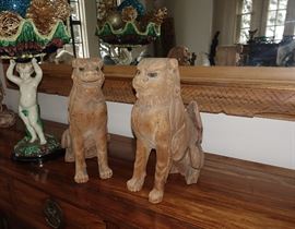 PAIR OF 17C OR EARLIER JAPANESE WOOD SHI SHI FOO LION DOGS