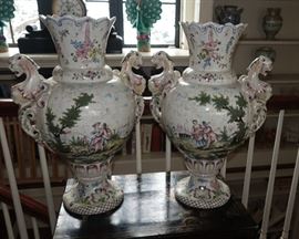 18c PAIR LARGE FRENCH FAIENCE VASES 