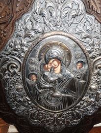 Very Large 19c hand painted Russian Icon in ornate frame