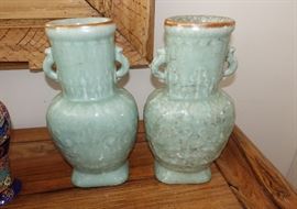 PAIR OF EARLY CHINESE LONQUAN CELADON HANDLED VASES