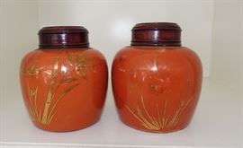 PAIR OF 18C IRON RED CHINESE POTS WITH WOOD LIDS