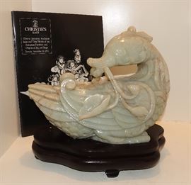 Large Chinese Qing Dynasty Jade duck on fitted stand 
