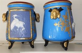RARE PAIR OF 19C FRENCH HENRI ARDENT LIMOGES CACHE POTS WITH FIGURATIVE DOG HANDLES-SIGNED