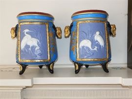 RARE PAIR OF 19C FRENCH HENRI ARDENT LIMOGES CACHE POTS WITH FIGURATIVE DOG HANDLES-SIGNED